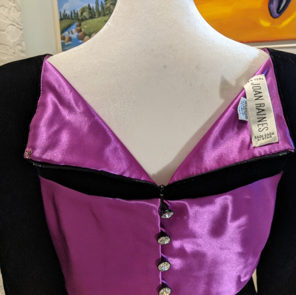 Vintage 1980''S Joan Raines New York Black Velvet Dress With Vibrant Purple Sati View 4